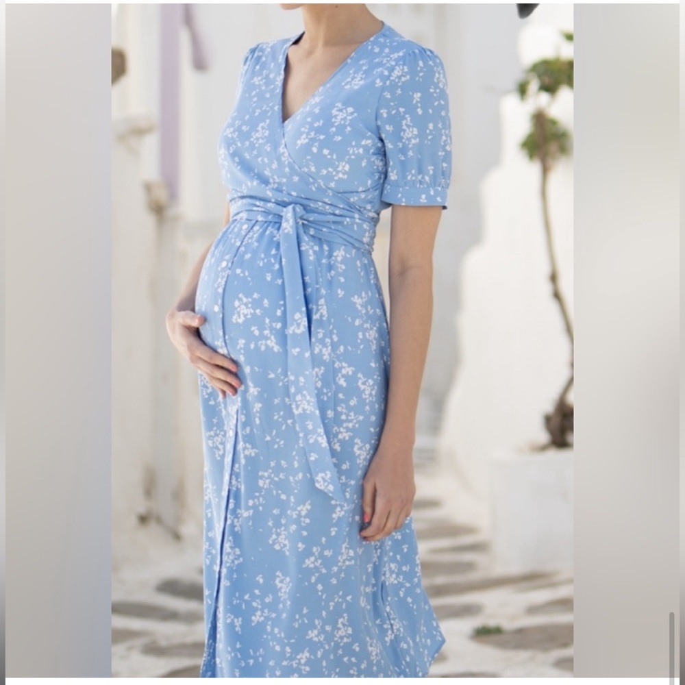 Seraphine Maternity Sanna | Blue Floral Maternity & Nursing Midi Dress Sz 8 NWT